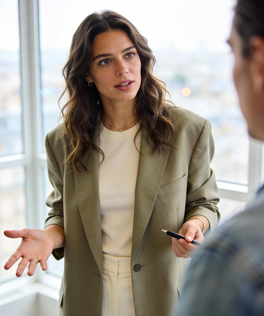 A woman with long, brown hair talks to another person in an office setting. She is wearing a beige blazer and white top, holding a pen, with a focused expression.