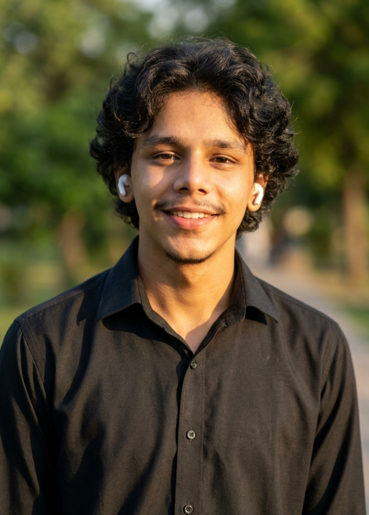 A young man stands outside, wearing a black shirt and wireless earbuds. He is smiling warmly, with green trees softly blurred in the background.