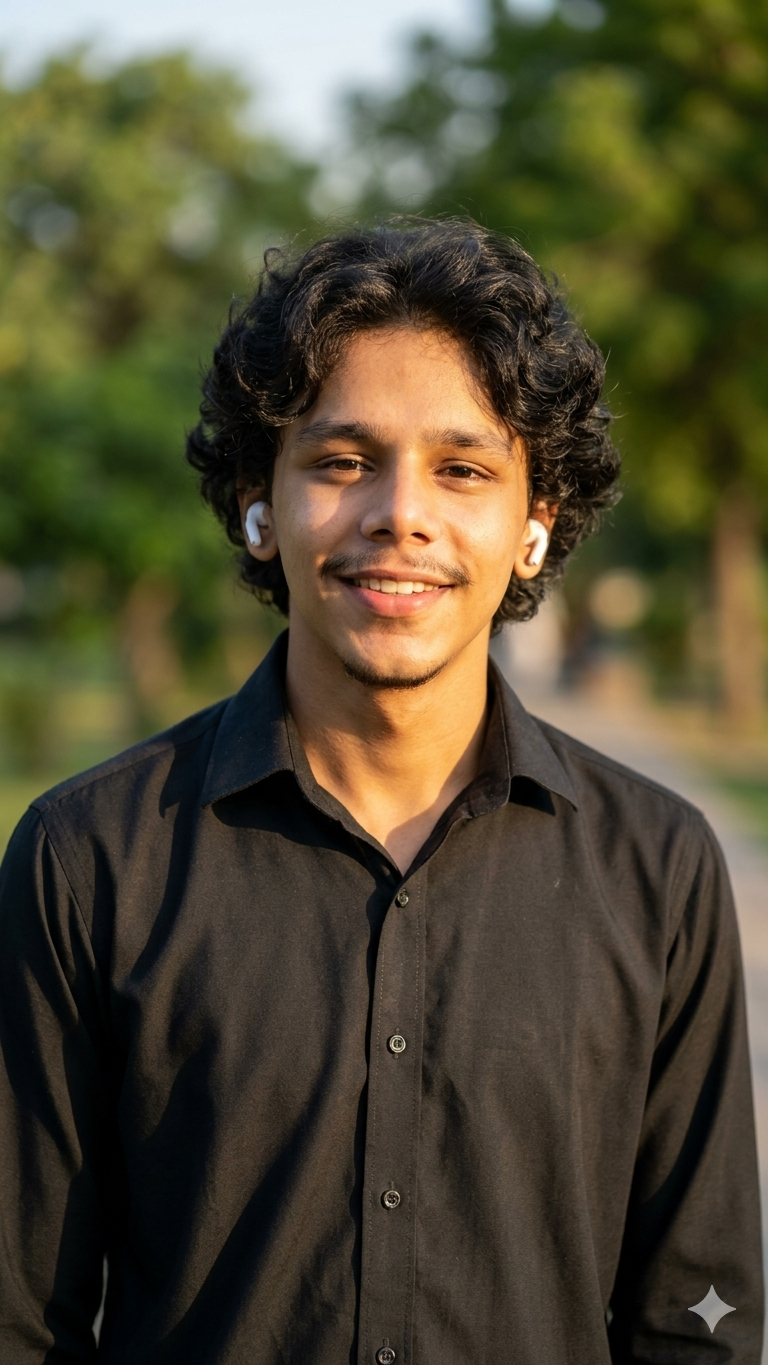 A young man stands outside, wearing a black shirt and wireless earbuds. He is smiling warmly, with green trees softly blurred in the background.