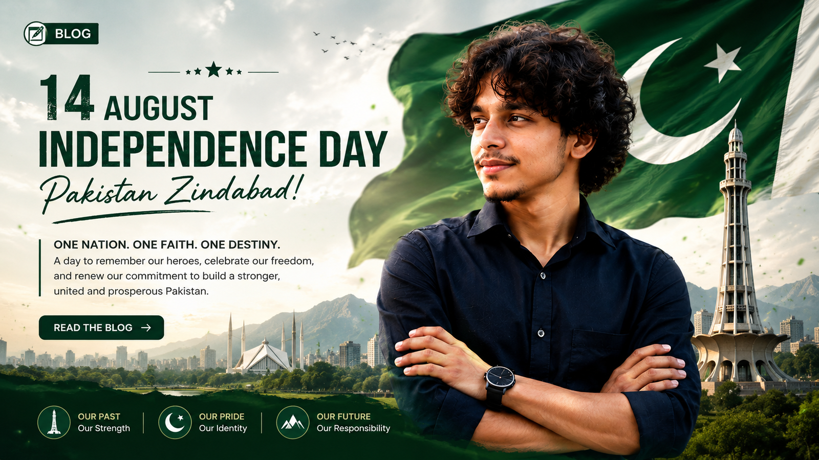 A vibrant celebration scene in Pakistan on Independence Day, featuring the Pakistani flag in green and white waving prominently against a bright sky, city buildings and homes decorated with string lights and bunting, fireworks bursting overhead at dusk, a crowd of joyful people in the streets holding small flags, warm golden-hour lighting, festive and patriotic atmosphere, photorealistic style, wide banner composition suitable for a blog header.