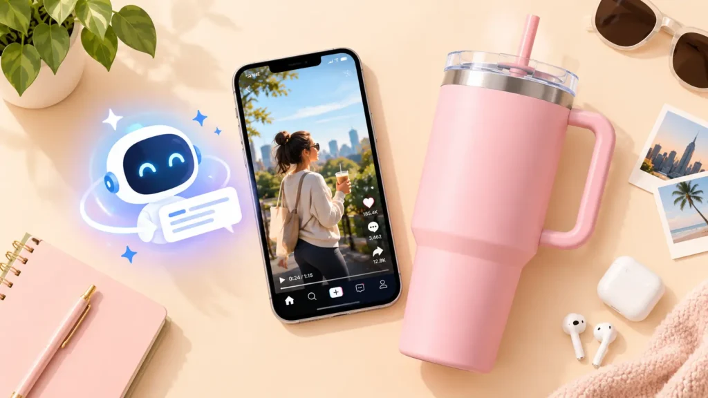 Pastel flat-lay illustration featuring a smartphone with a lifestyle video, a glowing AI assistant icon, and a large pink tumbler representing modern American lifestyle trends in 2026.