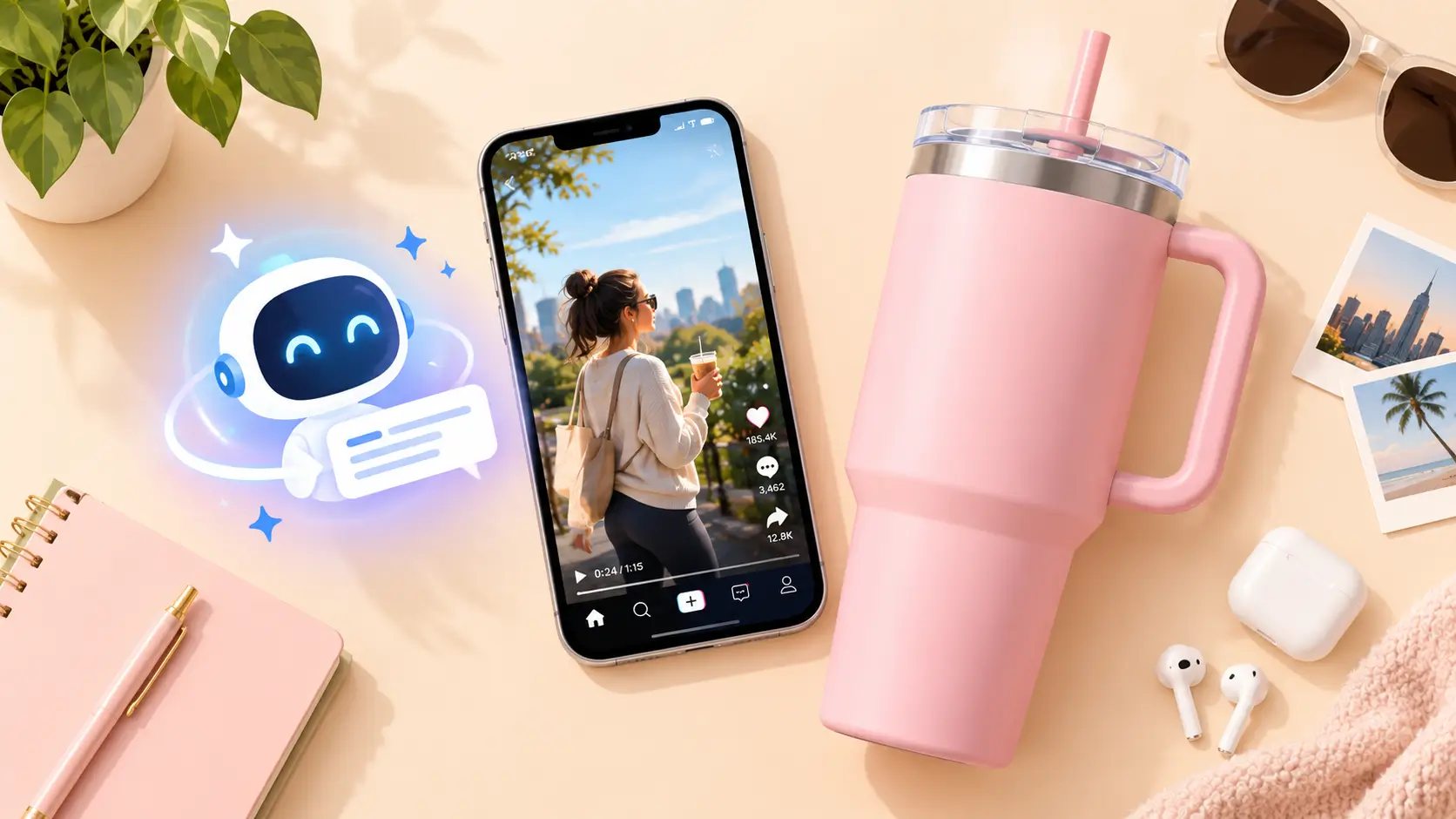 Pastel flat-lay illustration featuring a smartphone with a lifestyle video, a glowing AI assistant icon, and a large pink tumbler representing modern American lifestyle trends in 2026.