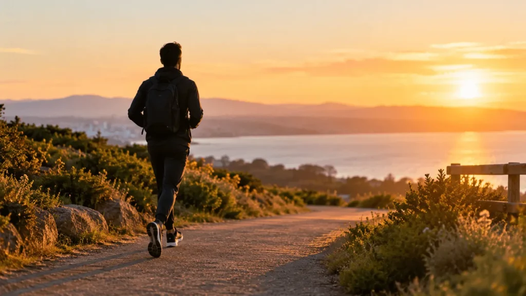 Health benefits of walking shown through a person walking briskly outdoors