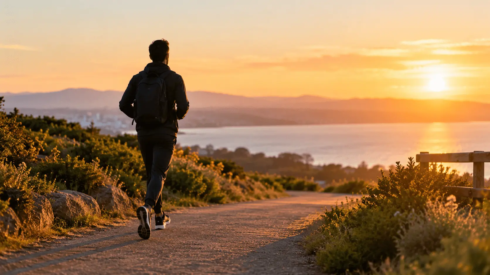 Health benefits of walking shown through a person walking briskly outdoors