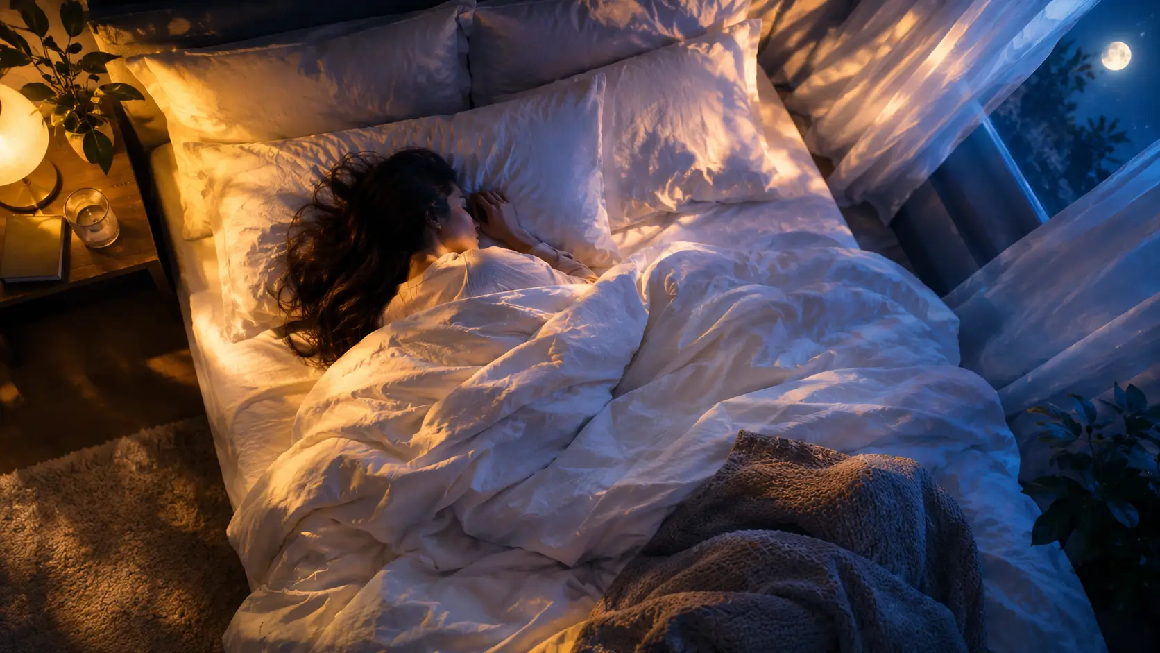 Sleep and health: a person sleeping peacefully in a calm, restful bedroom
