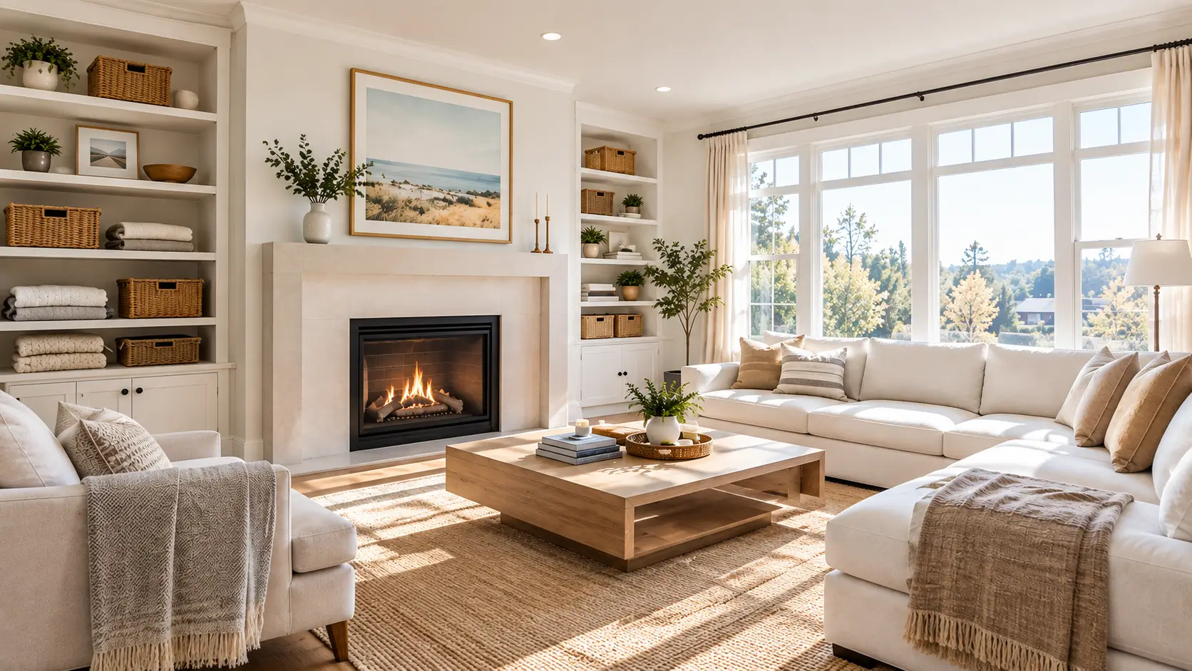 Bright modern living room with neutral beige and white decor, organized open shelving, storage baskets, folded blankets, and natural sunlight
