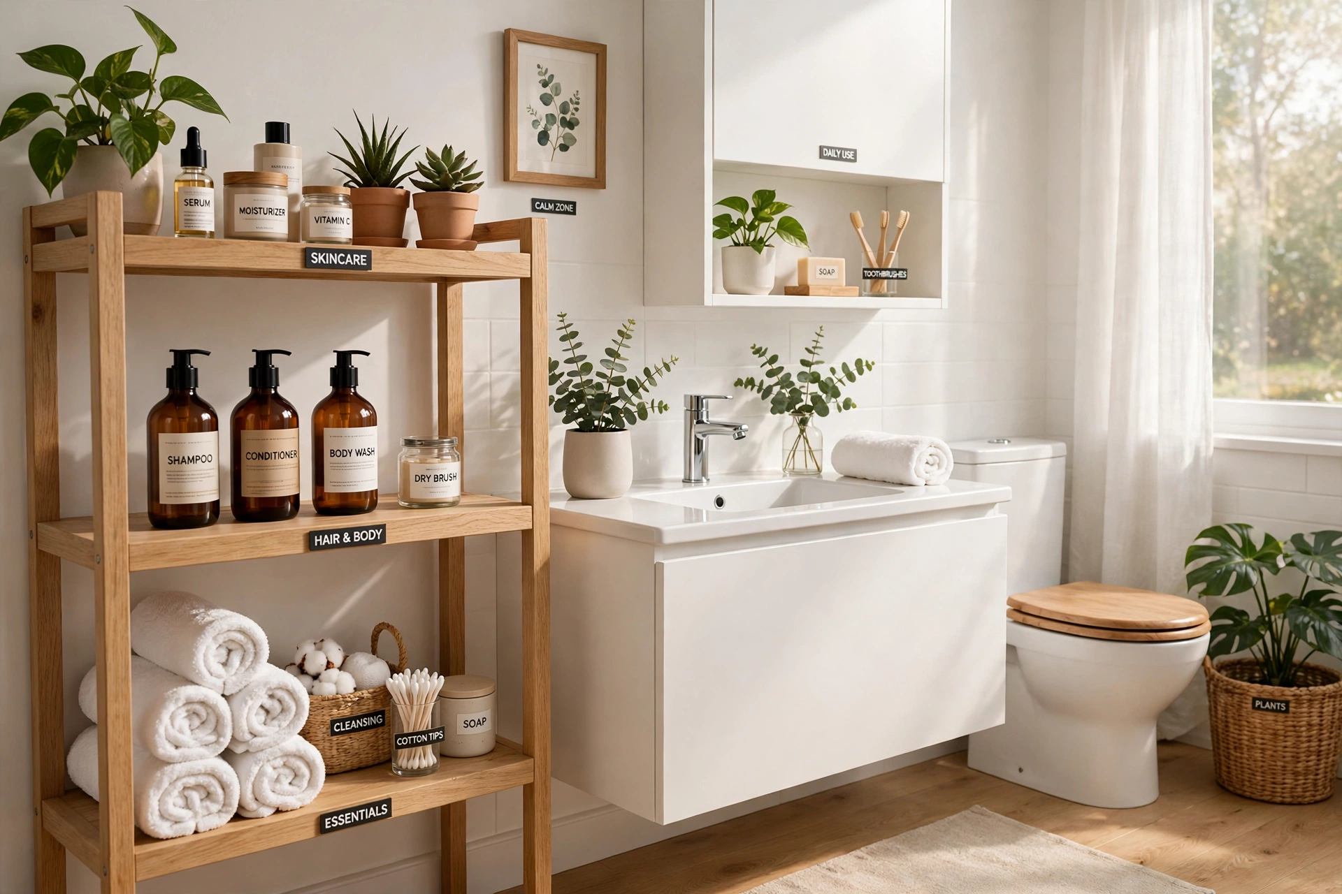 Neatly organized bathroom with labeled wooden shelves, rolled towels, a sink and plants