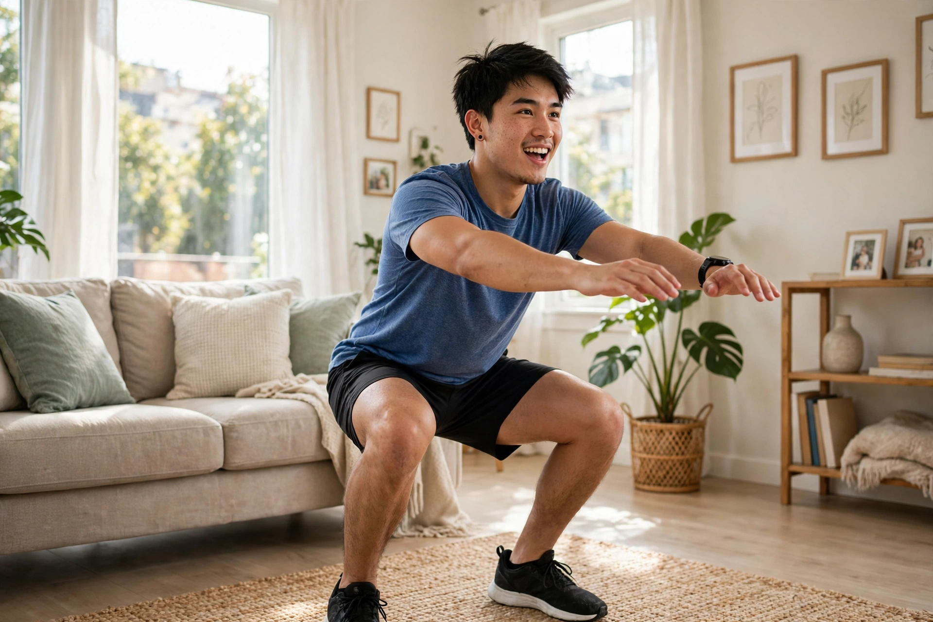 Smiling man doing a bodyweight squat in a bright living room