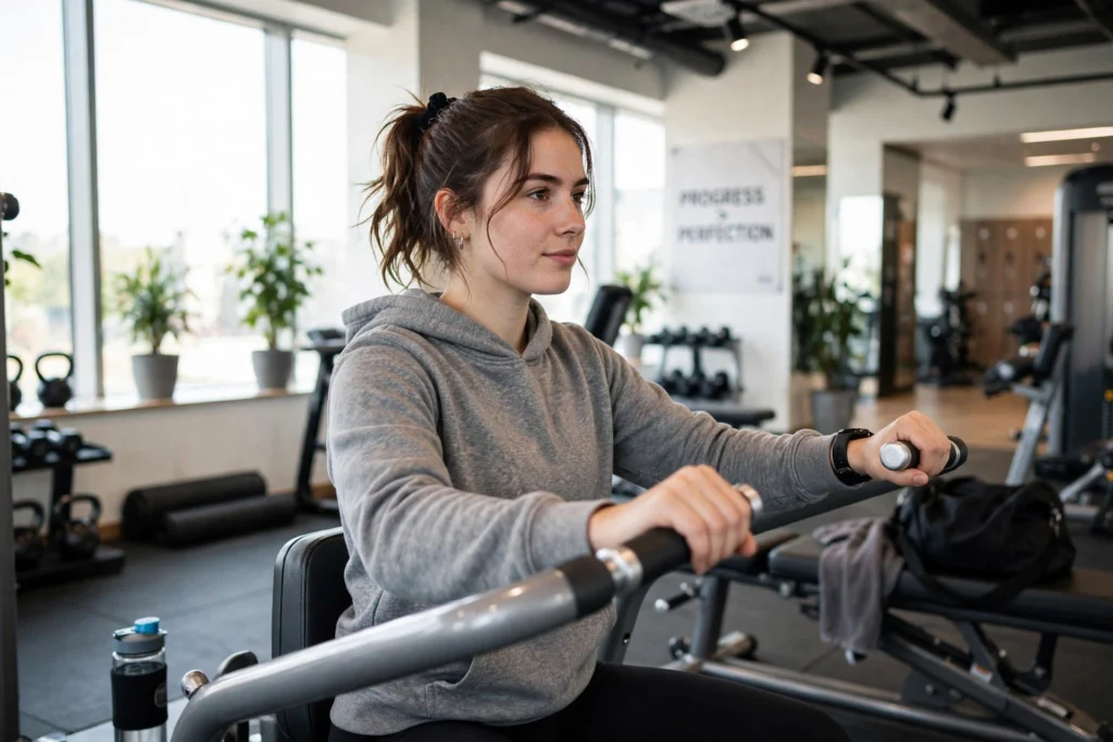 Woman using a seated rowing machine in a gym