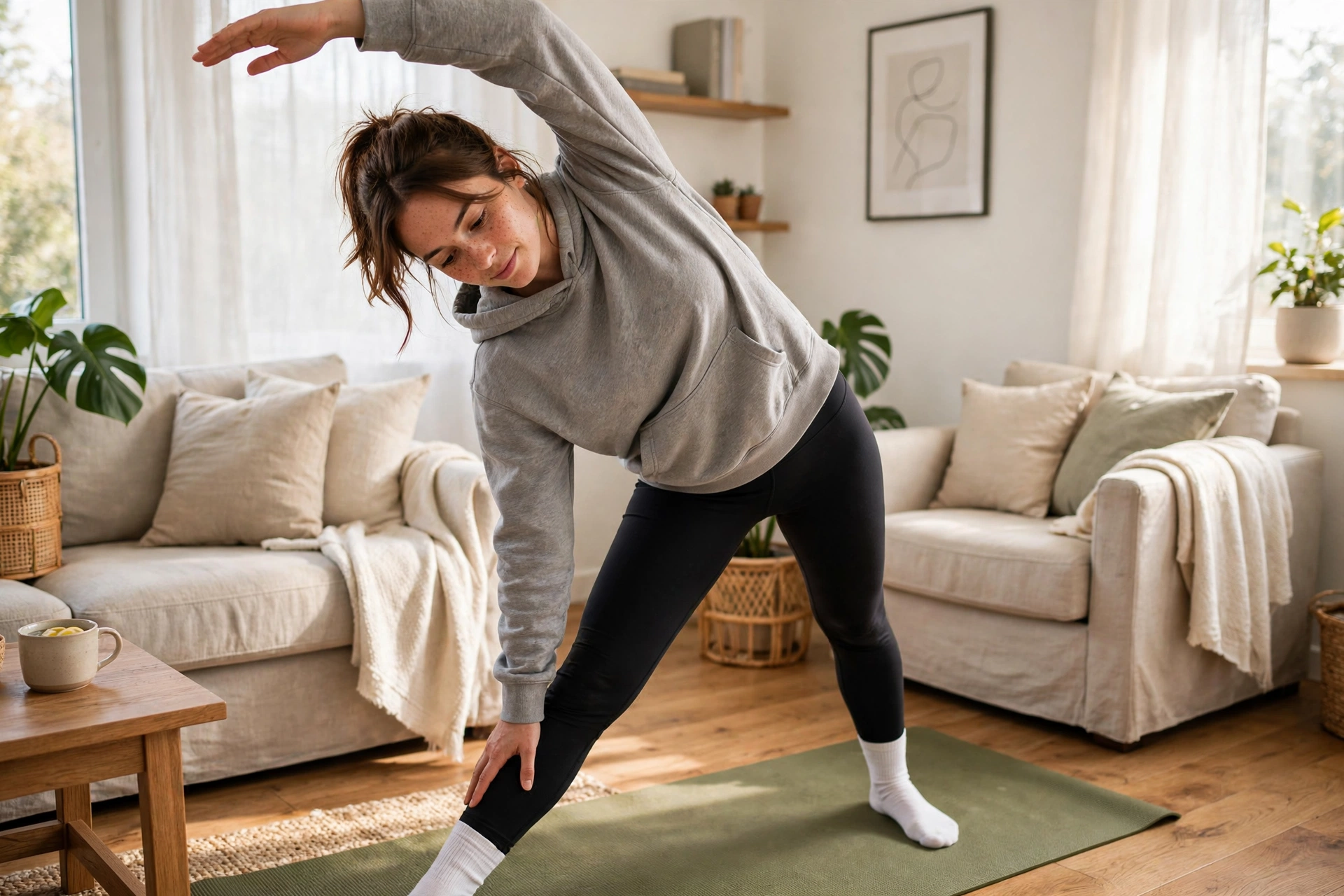 Woman doing a side stretch on a yoga mat in her living room