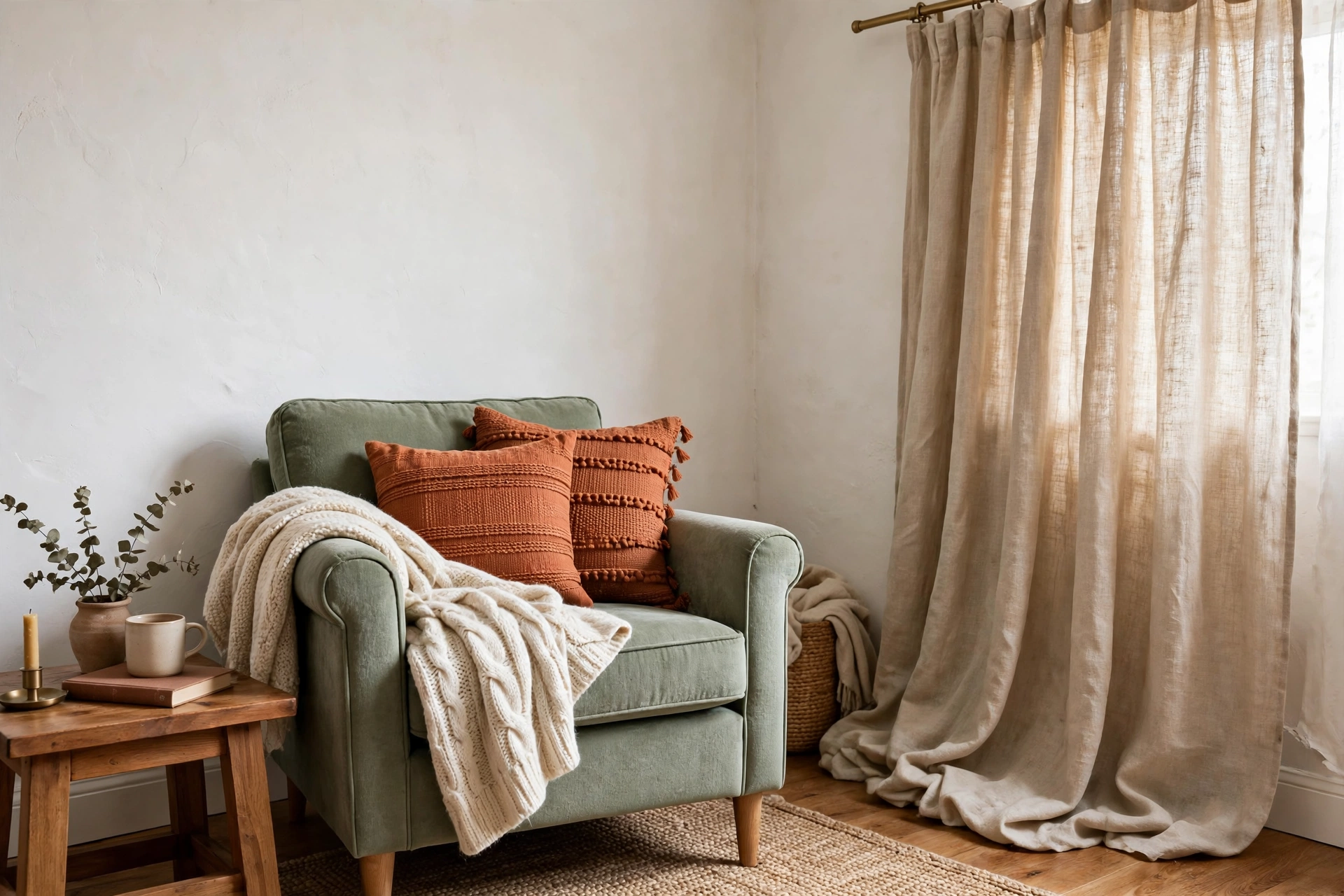 home decor and design ideas color and texture sage armchair rust pillows linen curtains