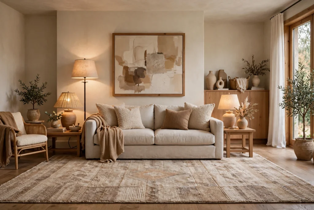 home decor and design ideas finished living room with large rug and layered lighting