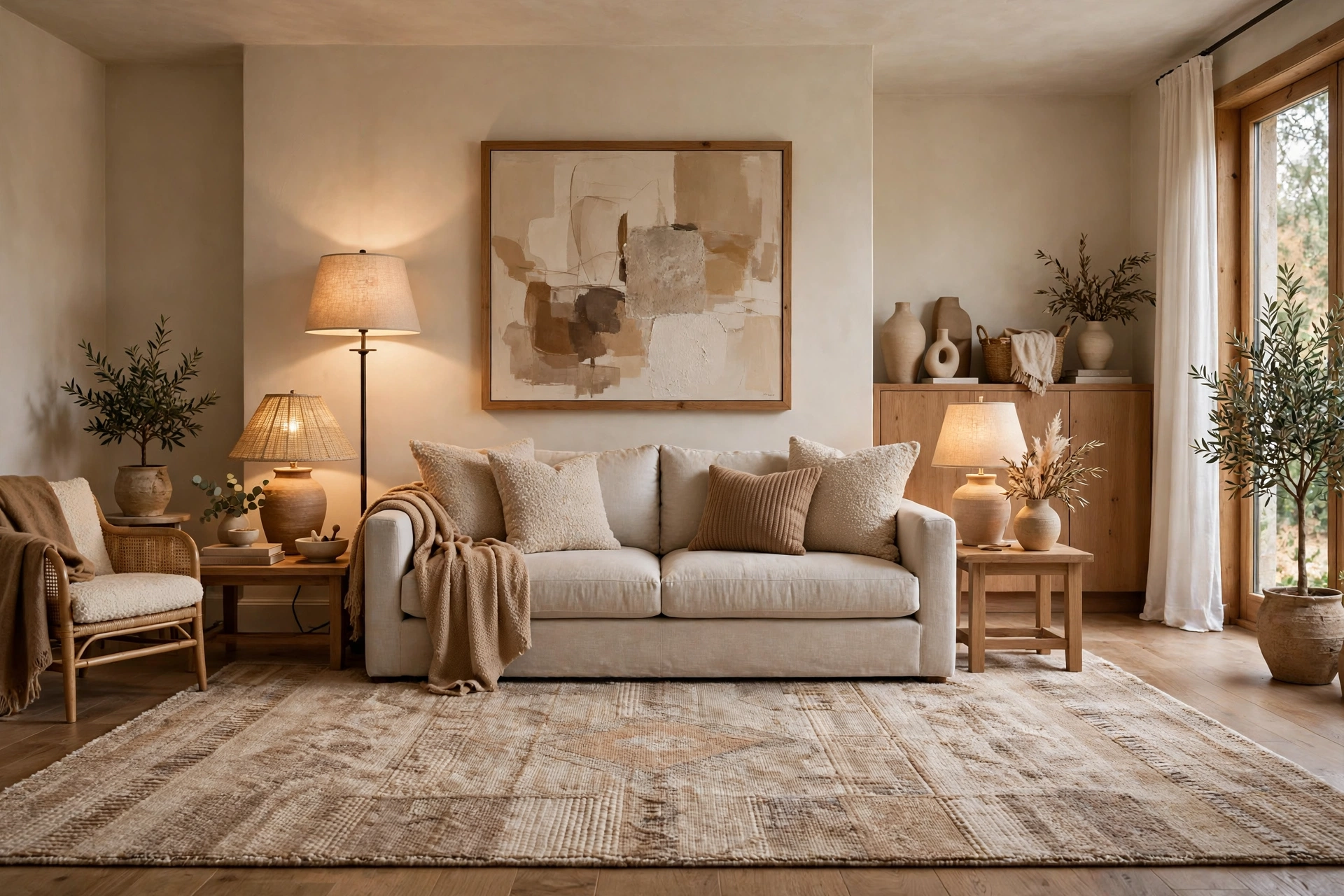 home decor and design ideas finished living room with large rug and layered lighting