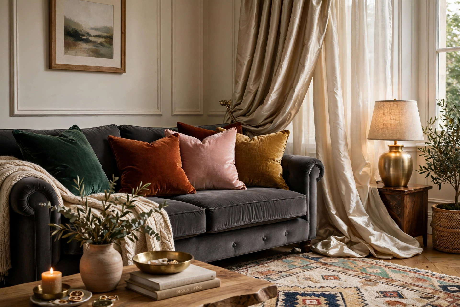 Layered rich textures with velvet cushions and wool rug in an elegant home