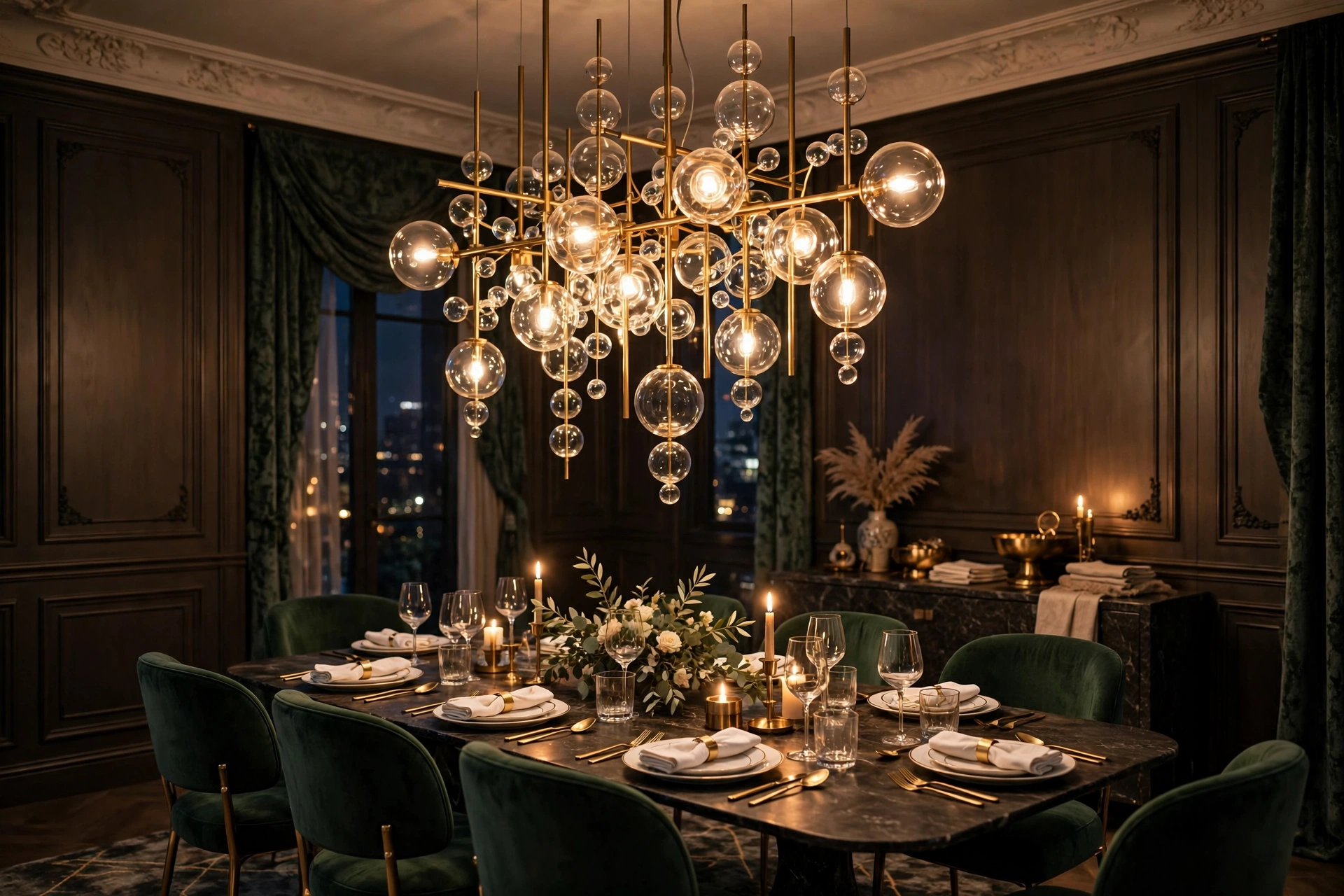 Statement chandelier lighting in a high-end dining room