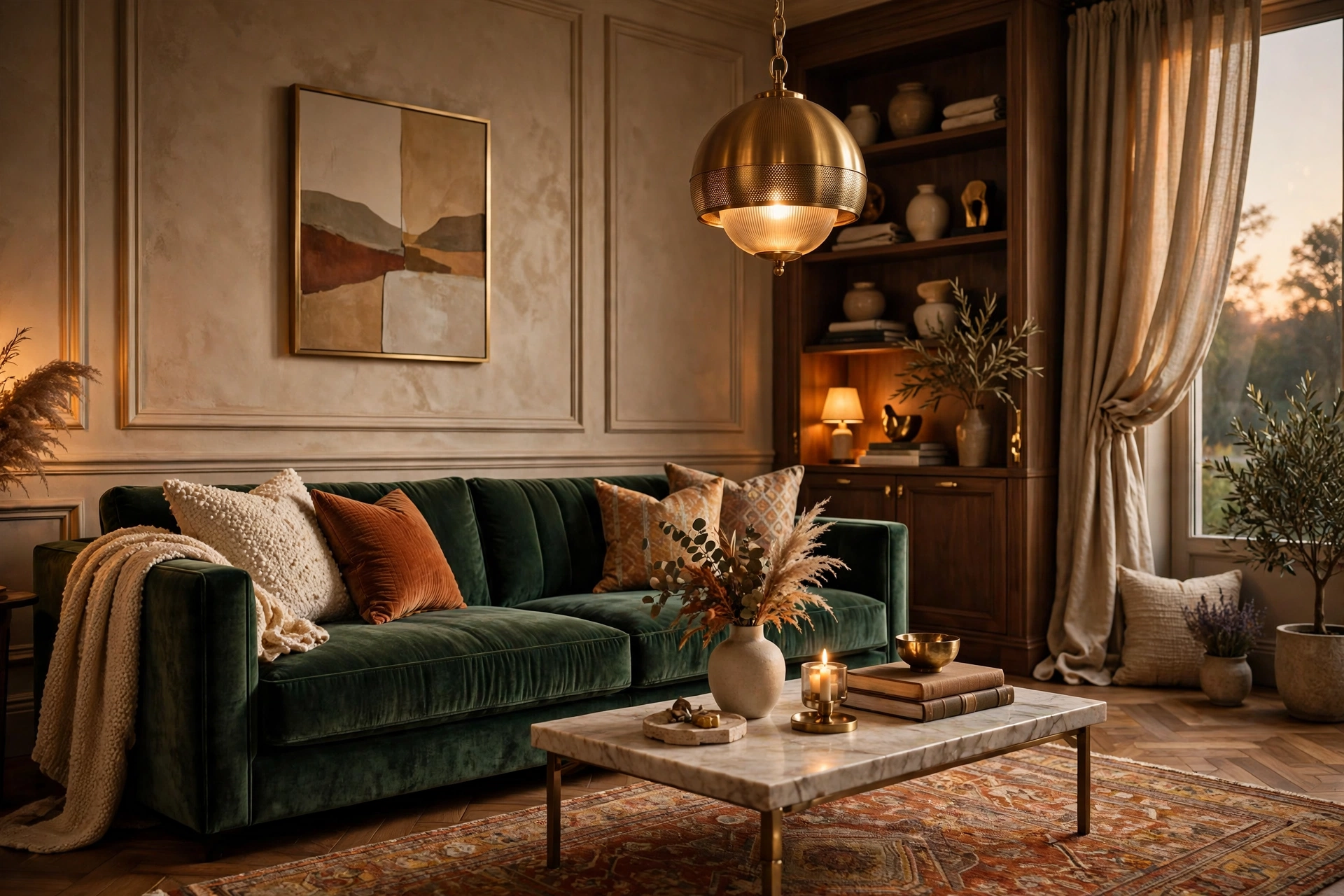 Luxury home decor living room with velvet sofa and brass pendant light