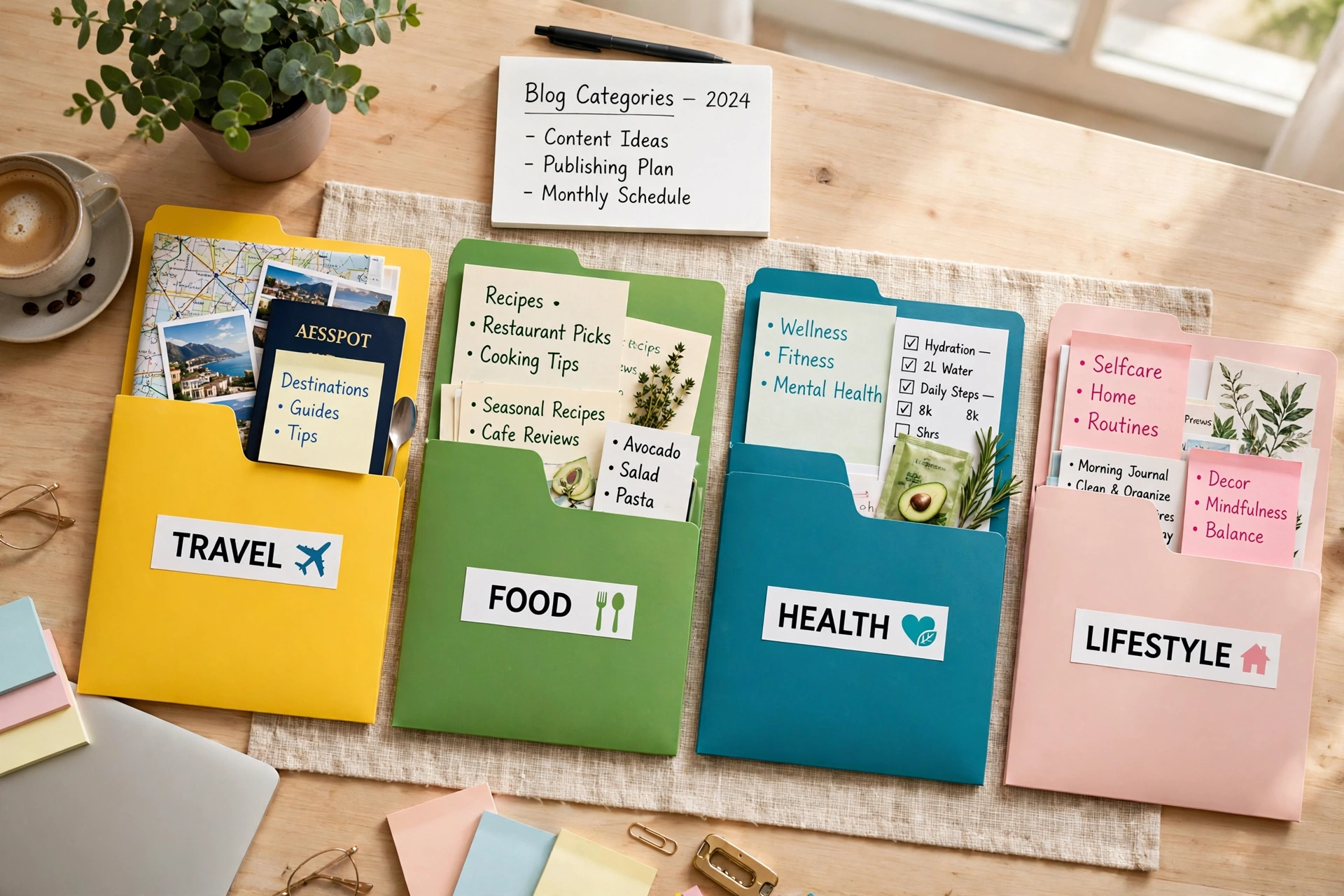 Colorful folders labeled Travel, Food, Health and Lifestyle on a desk with notes