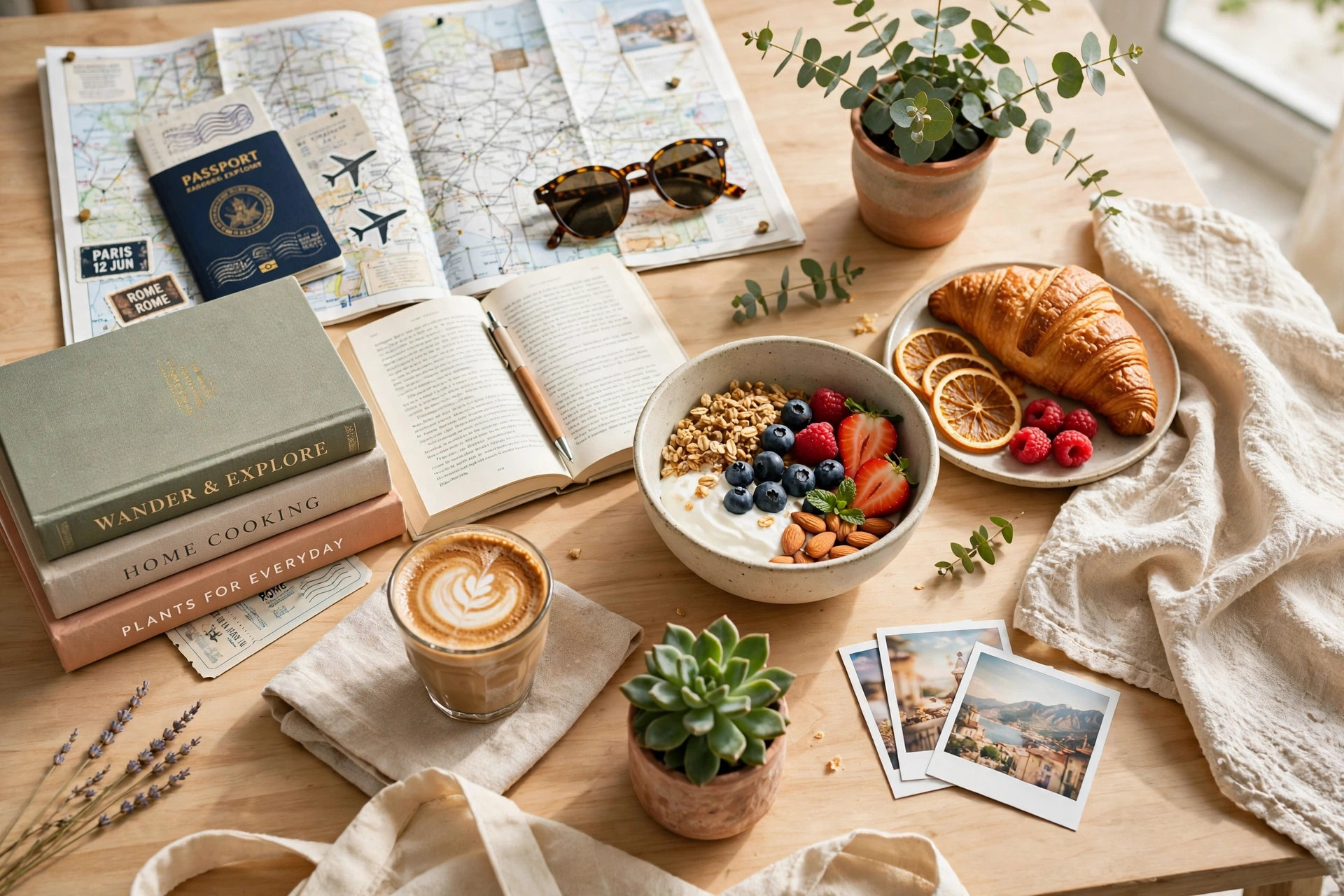 Flat lay of travel items, books, a breakfast bowl, croissant and coffee on a wooden table