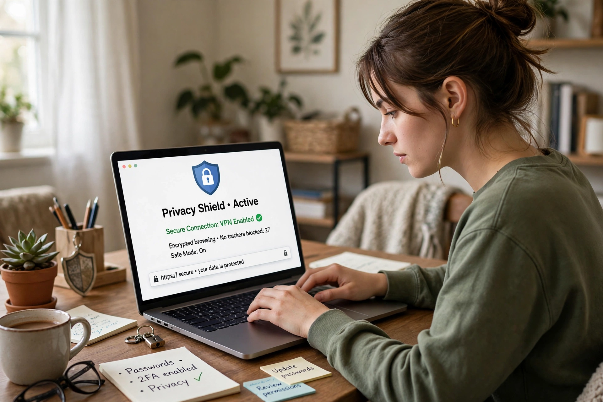 Woman working on a laptop showing a privacy shield and secure connection at home